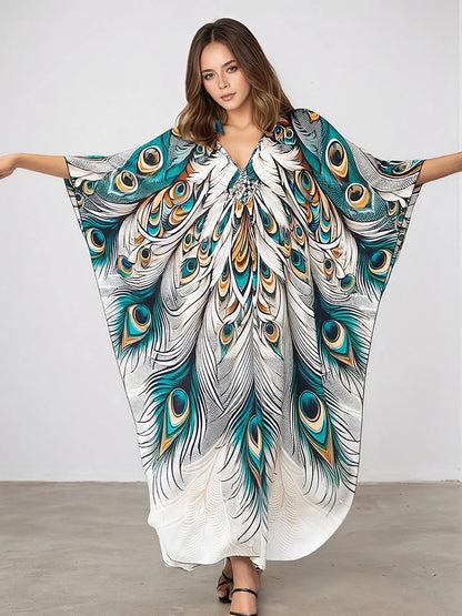 XITAO A-line Pullover Vintage Dress Peacock Print Side Slit Slimming New Arrival V-neck Casual Summer Woman Loose Dress GJ1183