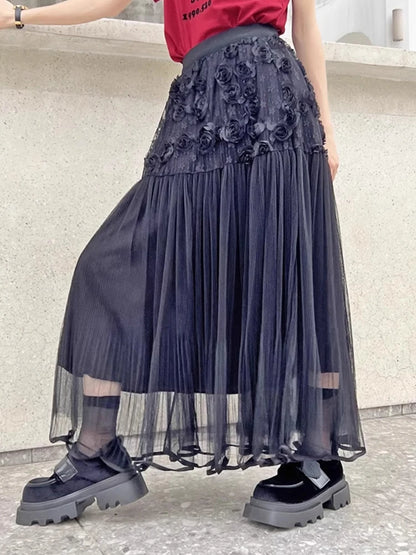 XITAO Flower Patchwork Lace Elastic Waist Skirt Casual A-line Fashion All Match Personality New Summer Female Skirt ZMY1142