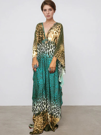 XITAO Leopard Print V-neck Dress Pullover Bat Wing Sleeve Loose Casual Vintage Temperament Summer Woman Personality Dress GJ1182