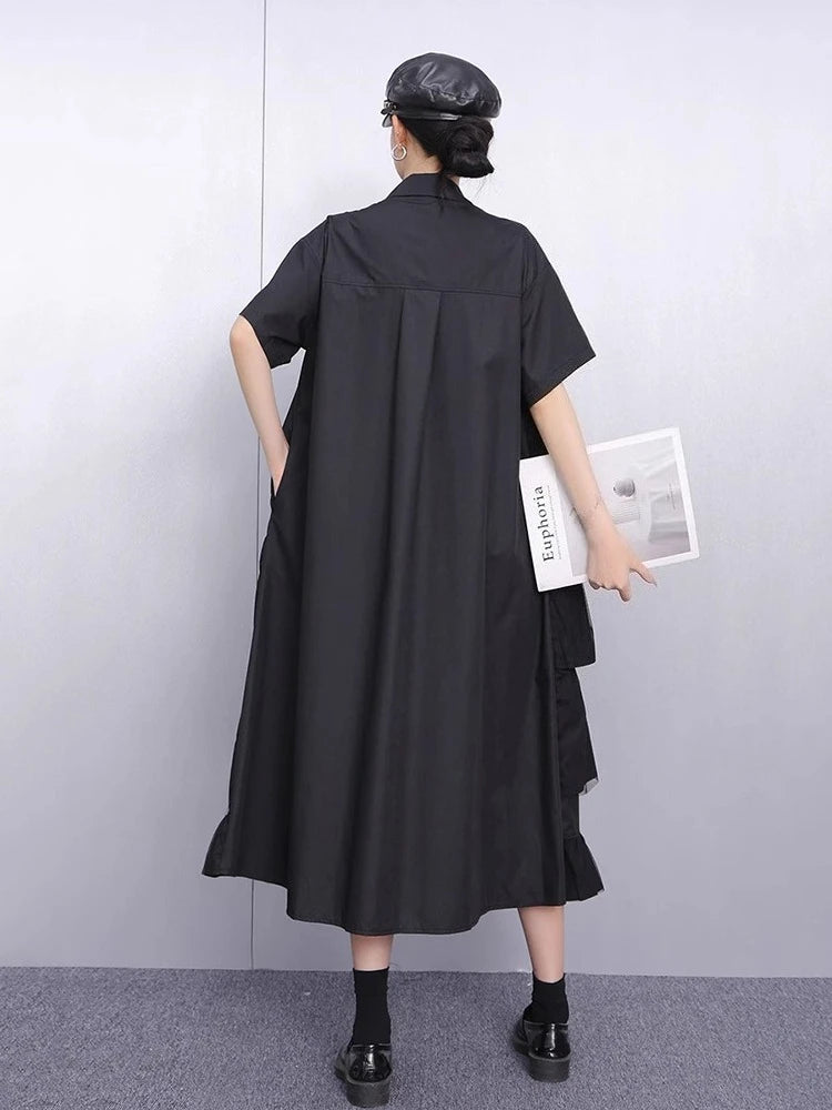 XITAO Patchwork Mesh Turn-down Collar Dress Single Breasted Pleated Short Sleeve Solid Color Fashion Summer Women Dress ZMY1200