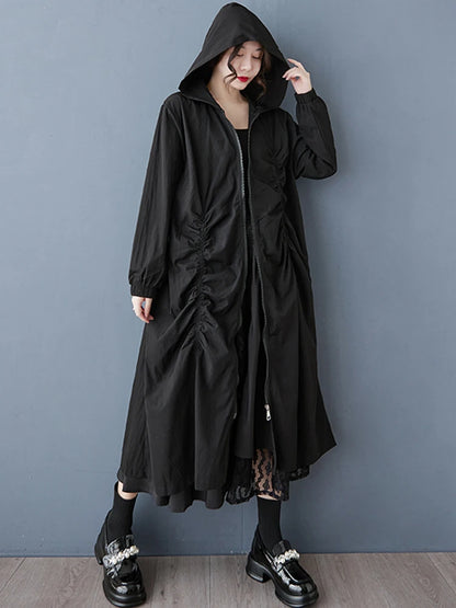 XITAO Zipper Hooded Pleated Dress Casual Full Sleeve Leisure Korea Literary Style Solid Color A-line Spring Women Dress ZY8936