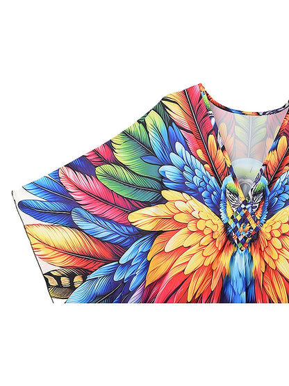 XITAO Feather Print Pullover Loose Dress Bat Wing Sleeve V-neck Vintage Side Slit A-line Casual Summer Woman Trend Dress GJ1176