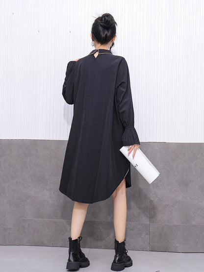 XITAO Asymmetrical Split Turn-down Collar Dress Long Sleeve Patchwork Pullover Hong Kong Loose Temperament Dress GYX1521
