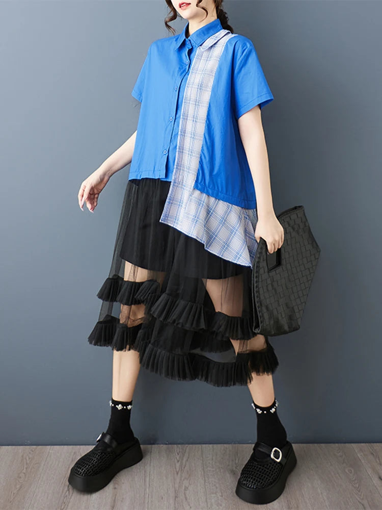 XITAO Asymmetrical Gauze Patchwork Dress Fashion Short Sleeve Turn-down Collar Loose Casual All-match Summer Woman Dress ZMY1388