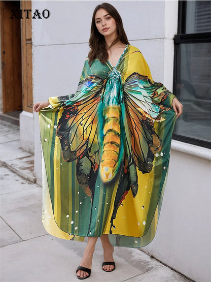 XITAO Butterfly Print Batwing Sleeve Pullover Dress Contrast Color V-neck Loose Temperament Ankle-length Women Dress GJ1144