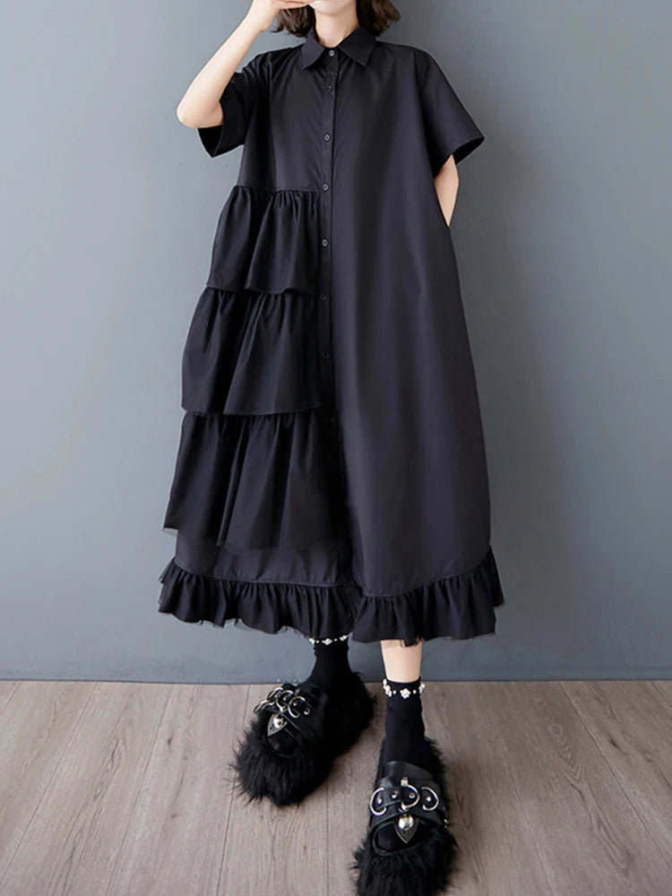 XITAO Patchwork Mesh Pleated Dress Turn-down Collar Casual Solid Color Short Sleeve Loose Fitting Summer Female Dress ZMY1069