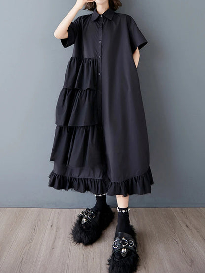 XITAO Patchwork Mesh Pleated Dress Turn-down Collar Casual Solid Color Short Sleeve Loose Fitting Summer Female Dress ZMY1069
