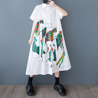 XITAO Patchwork Cartoon Print Dress Single Breasted Casual Short Sleeve Turn-down Collar Sweet New Summer Female Dress GJ1140