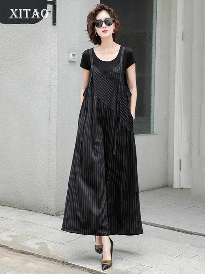 XITAO Loose Striped Jumpsuits All-match Temperament Slimming Women Irregular Patchwork Sleeveless V-neck Jumpsuits HQQ2499