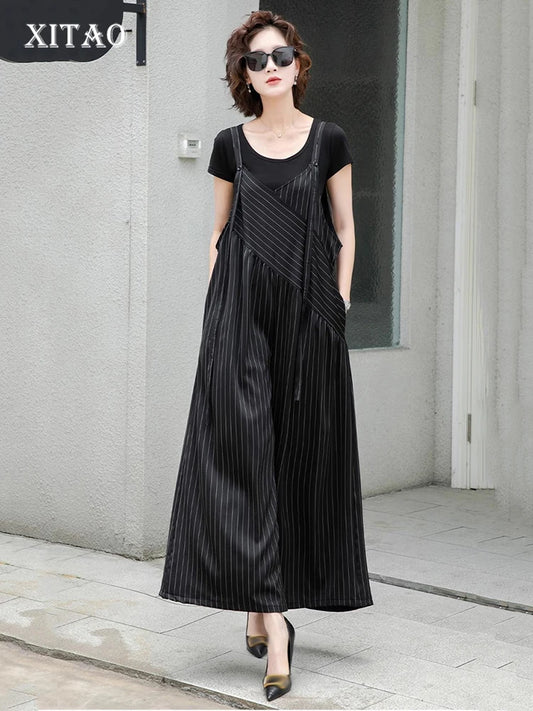 XITAO Loose Striped Jumpsuits All-match Temperament Slimming Women Irregular Patchwork Sleeveless V-neck Jumpsuits HQQ2499