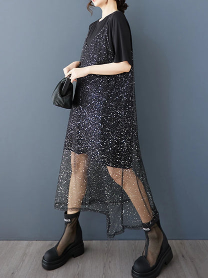 XITAO Mesh Sequin Short Sleeve Dress Casual Loose Fitting Two-piece New Arrival Solid Color A-line Summer Women Dress ZMY1194