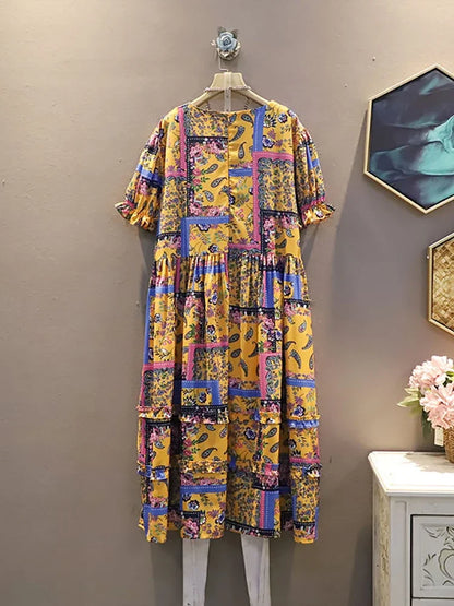 XITAO Contrast Color Print Dress Summer New Folk-custom Women Edible Tree Fungus Patchwork Hem Fashion Vintage Trendy WMD0739