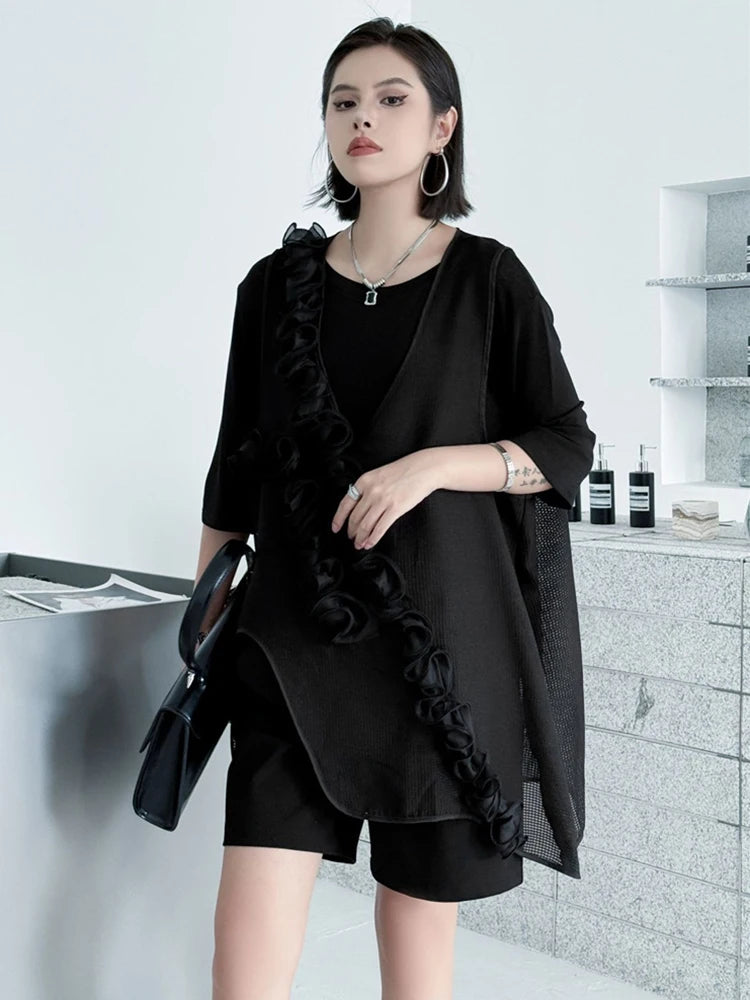 XITAO Asymmetric Flower Patchwork Vest Personality V-neck Irregular Solid Color All-match Women Simple Temperament Top HQQ2478