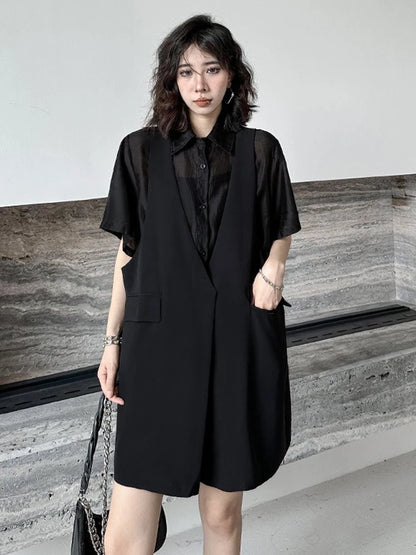 XITAO Patchwork Single Breasted Fake Two Pieces Dress Women Short Sleeve Pullover Solid Color Temperament Casual Dress ZMY1308