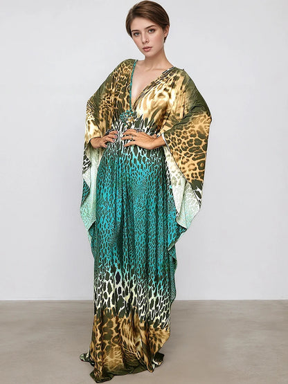 XITAO Leopard Print V-neck Dress Pullover Bat Wing Sleeve Loose Casual Vintage Temperament Summer Woman Personality Dress GJ1182