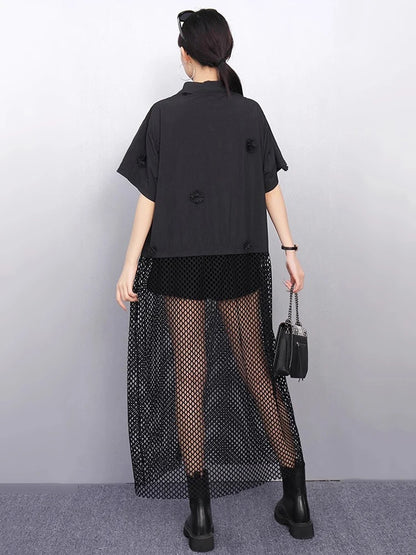 XITAO Flower Patchwork Irregular Shirt Dress Casual Solid Color Short Sleeve Women Summer Hollow Out Loose Dress HQQ2513
