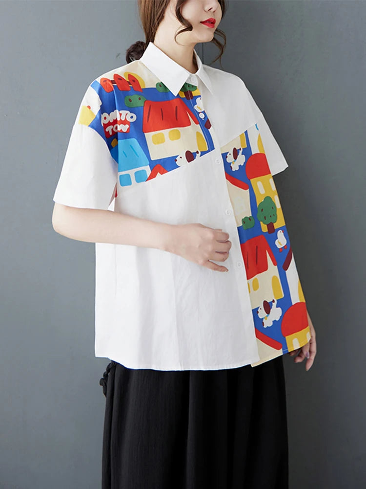 XITAO Patchwork Cartoon Half Sleeve Shirt Casual Turn-down Collar Simple Single Breasted Elegant Summer Female Blouse GYX1533