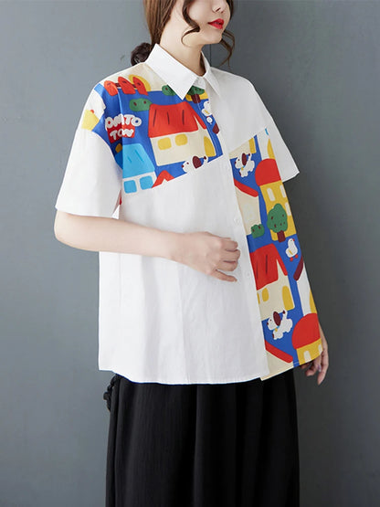 XITAO Patchwork Cartoon Half Sleeve Shirt Casual Turn-down Collar Simple Single Breasted Elegant Summer Female Blouse GYX1533