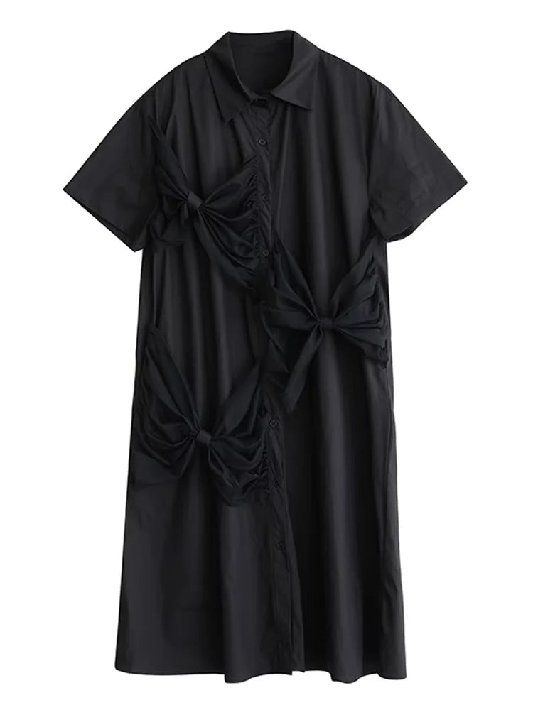 XITAO Bow Mesh Single Breasted Lapel Female Dress Casual Solid Color Short Sleeve Leisure A-line Mid-calf Summer Dress HQQ2458