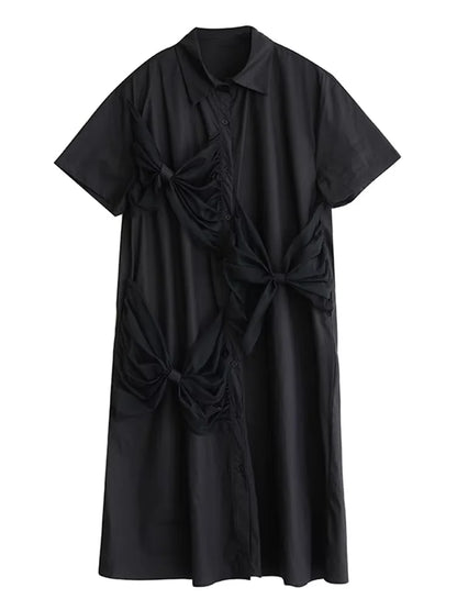 XITAO Bow Mesh Single Breasted Lapel Female Dress Casual Solid Color Short Sleeve Leisure A-line Mid-calf Summer Dress HQQ2458