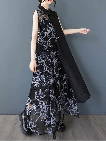 XITAO Embroidery Patchwork Irregular Sets Gauze Sleeveless Turn-down Collar Elastic Waist Temperament Elegant Woman Sets ZMY1267
