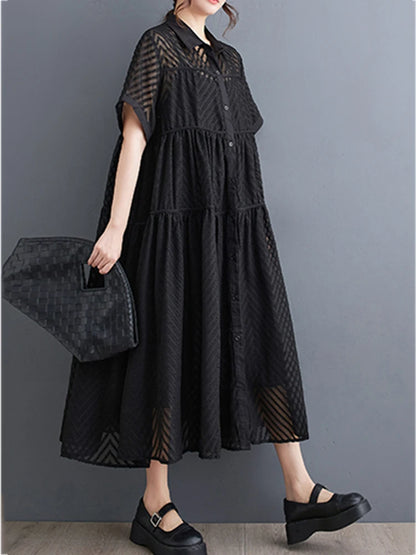 XITAO Hollow Out Single Breasted Two-piece Dress Casual A-line Turn-down Collar Korea New Arrival Fashion Women Dress ZMY1144