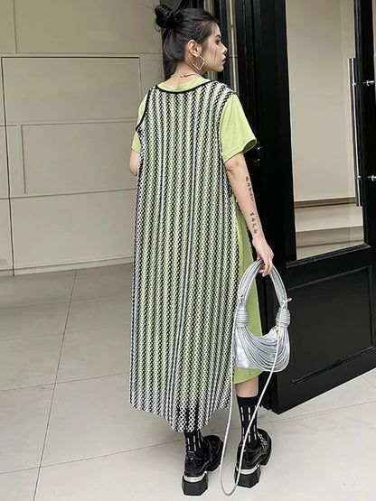 XITAO Contrasting Color Patchwork Dress Loose Casual Vintage Fashion New Short Sleeve Pullover O-neck Slimming Dress DMJ4082