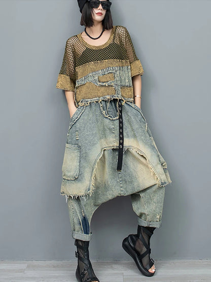 XITAO Patchwork Casual Pant Loose Fashion New Big Pocket Elastic Waist Solid Color Personality Spring Cross-pants DMJ4083