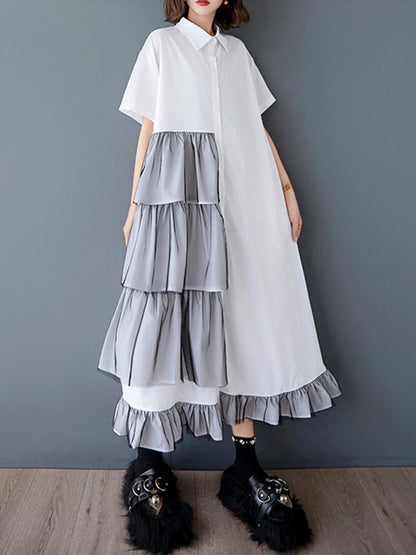 XITAO Patchwork Mesh Pleated Dress Turn-down Collar Casual Solid Color Short Sleeve Loose Fitting Summer Female Dress ZMY1069