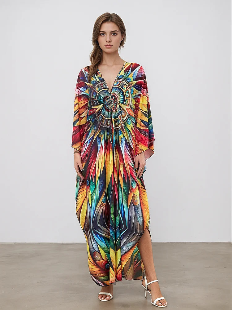 XITAO Contrast Color V-neck Vintage Dress Bat Wing Sleeve Temperament Summer Woman Loose Pullover Ankle-length Dress GJ1200