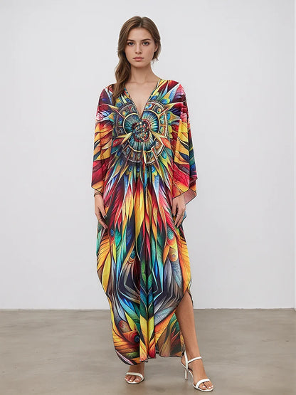 XITAO Contrast Color V-neck Vintage Dress Bat Wing Sleeve Temperament Summer Woman Loose Pullover Ankle-length Dress GJ1200