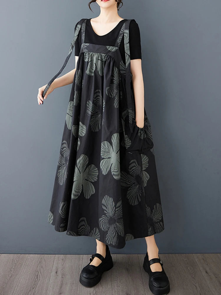 XITAO Print Straps Fold Flower A-line Dress Casual Sleeveless Mid-calf Square Neck Loose Simple Summer Women Dress GMM1327