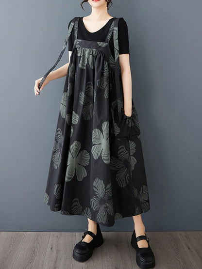XITAO Print Straps Fold Flower A-line Dress Casual Sleeveless Mid-calf Square Neck Loose Simple Summer Women Dress GMM1327