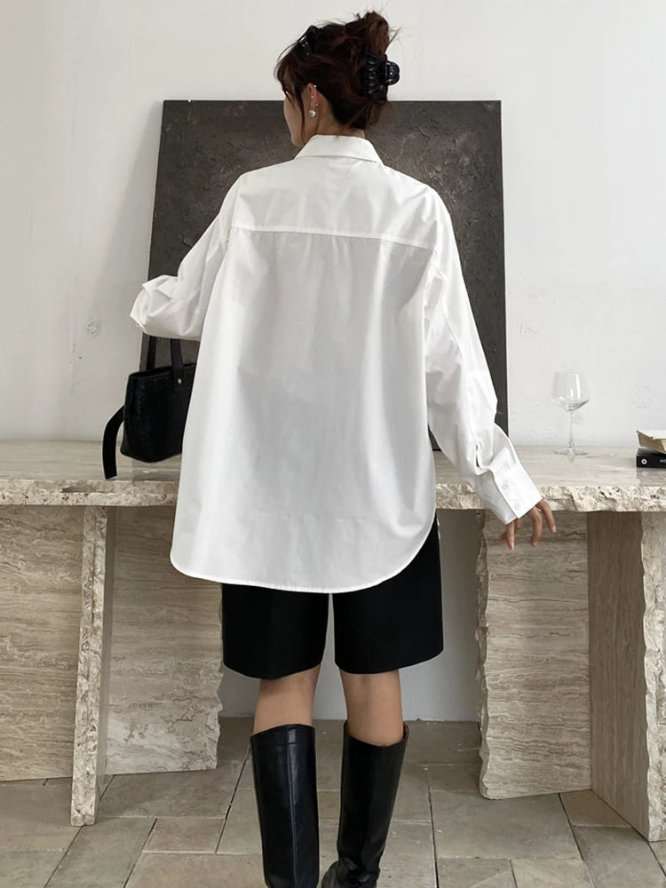 XITAO Irregular Patchwork Hollow Out Shirt Loose Asymmetric Long Sleeve Turn-down Collar Women Slimming Temperament Top GYX1613