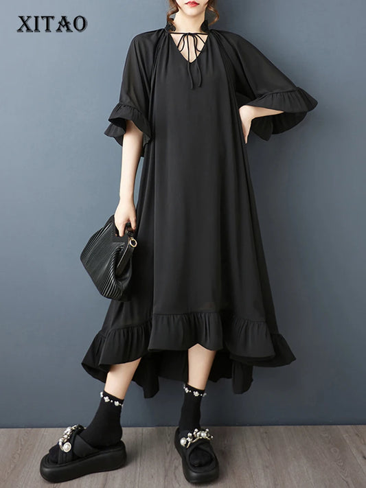 XITAO Drawstring Irregular Loose Dress V-neck Butterfly Sleeves Personality Slimming Solid Color Summer Woman Dress ZMY1387