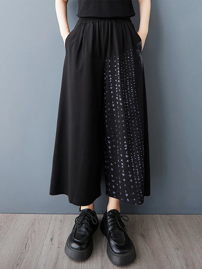 XITAO Print Patchwork Pocket Elastic Waist Pants Contrast Color Loose All Match Casual Slimming Summer Wide Leg Pants HQQ2482