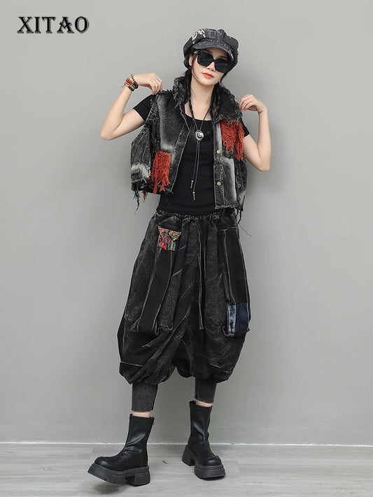 XITAO Personalized Trendy Vintage Denim Sets Short Vest Small Leg Lantern Pants Women's Autumn Loose and Stylish Set GJ1215