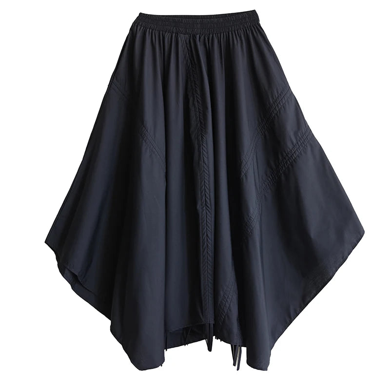 XITAO Shirring Bandage Asymmetrical Pocket Skirt Solid Color Patchwork Elastic Waist A-line Mid-calf Casual Slim Skirt HQQ2462