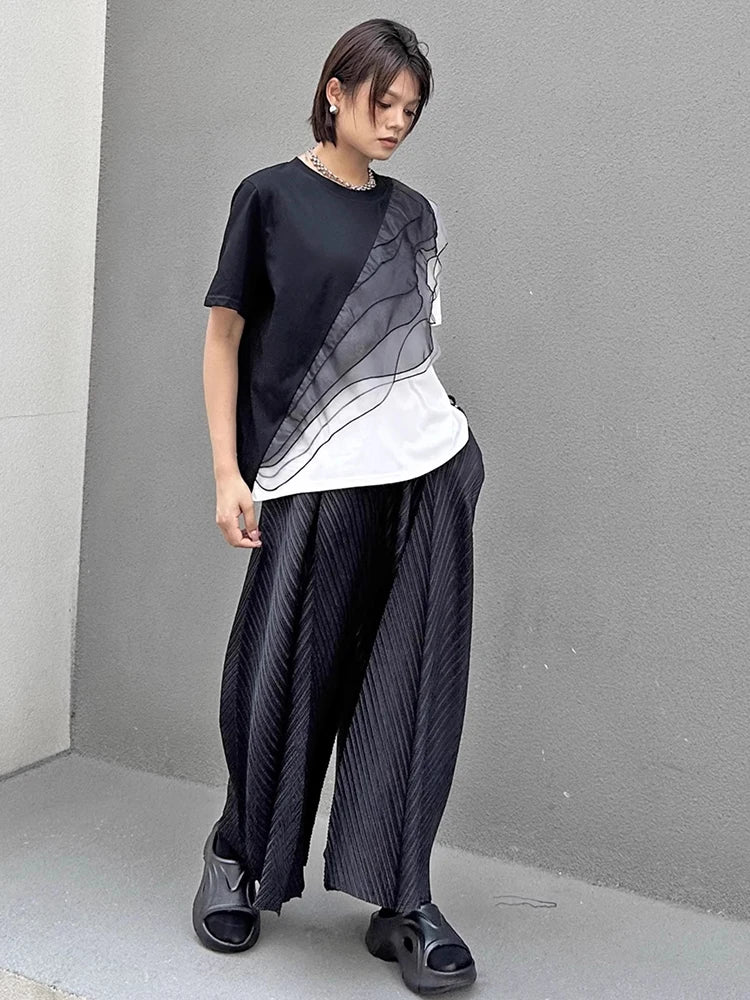 XITAO Patchwork Contrast Color Mesh T-Shirt Casual Loose Fitting O-neck Short Sleeve New Pullover Summer Women Top GYX1667