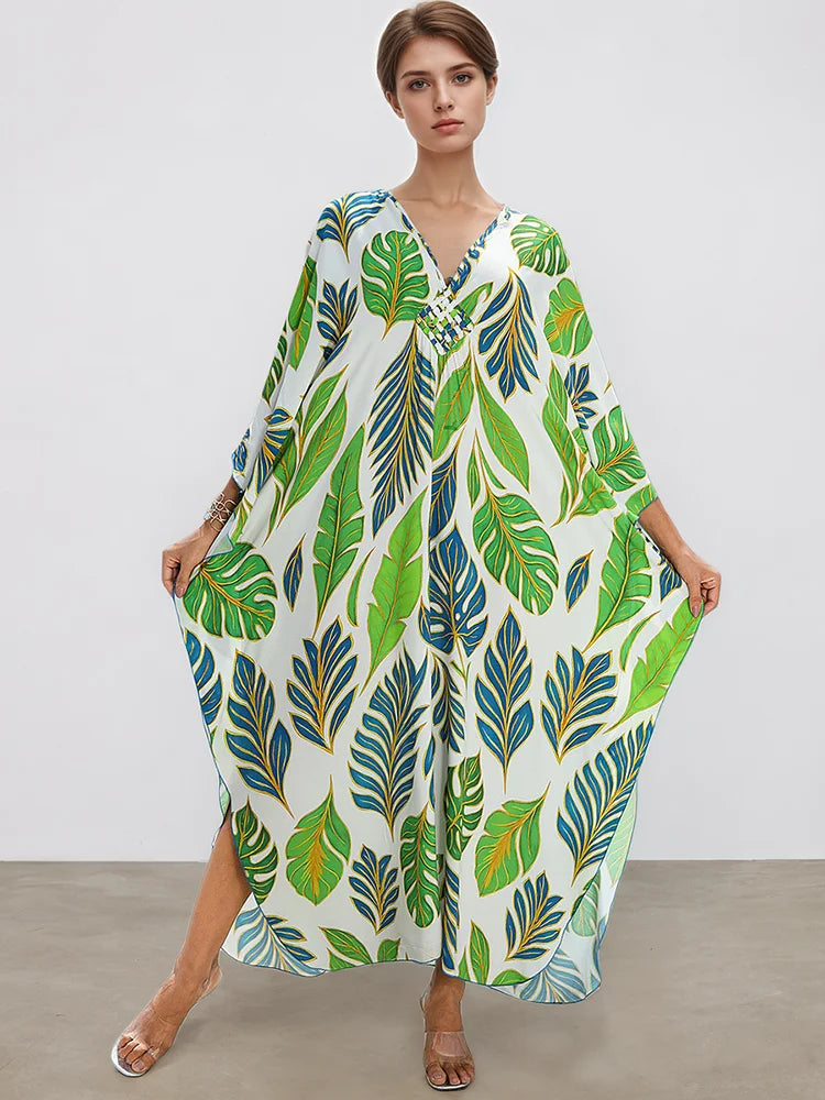 XITAO Loose Bat Wing Sleeve V-neck Dress Side Slit Trend New Arrival Fashion Pullover Summer Print All-match Woman Dress GJ1197