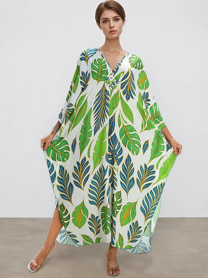 XITAO Loose Bat Wing Sleeve V-neck Dress Side Slit Trend New Arrival Fashion Pullover Summer Print All-match Woman Dress GJ1197