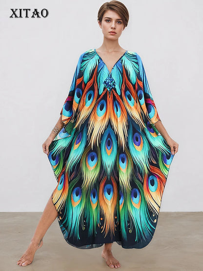XITAO Print Vintage V-neck Dress Temperament Pullover Loose Side Slit Bat Wing Sleeve Summer Woman Ankle-length Dress GJ1205
