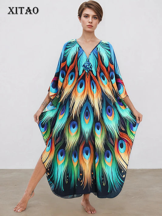 XITAO Print Vintage V-neck Dress Temperament Pullover Loose Side Slit Bat Wing Sleeve Summer Woman Ankle-length Dress GJ1205