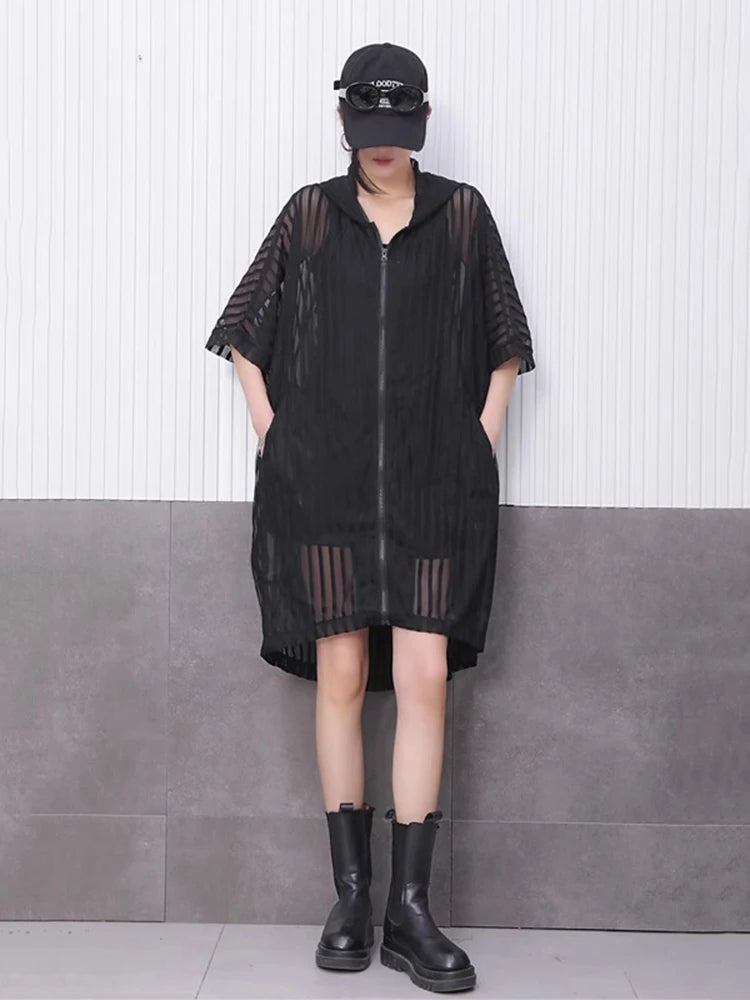 XITAO Sheer Hooded Gauze Zipper Dress Solid Color Pocket Patchwork Striped Loose Temperament All Match Slimming Dress ZMY1181