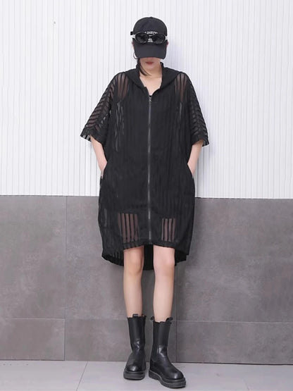 XITAO Sheer Hooded Gauze Zipper Dress Solid Color Pocket Patchwork Striped Loose Temperament All Match Slimming Dress ZMY1181