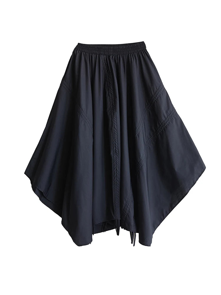 XITAO Shirring Bandage Asymmetrical Pocket Skirt Solid Color Patchwork Elastic Waist A-line Mid-calf Casual Slim Skirt HQQ2462