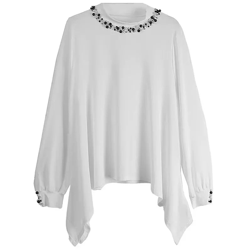 XITAO Asymmetrical Embroidered Flares T-Shirts Solid Color Long Sleeve Patchwork O-neck Pullover Loose Temperament Top ZMY1159