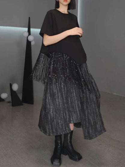 XITAO Casual Asymmetric T-shirt Personality Tassel Patchwork Women Loose O-neck Short Sleeve Slimming All-match Top ZMY1160