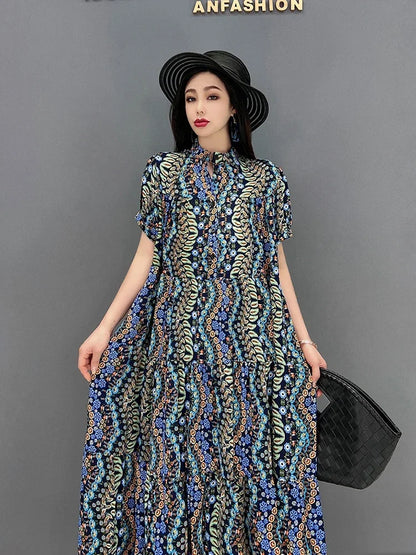 XITAO Chiffon Print Dress Fashion Vintage Stand Collar Loose Women Simplicity Contrast Color Dress 2024 Summer New WMD6466