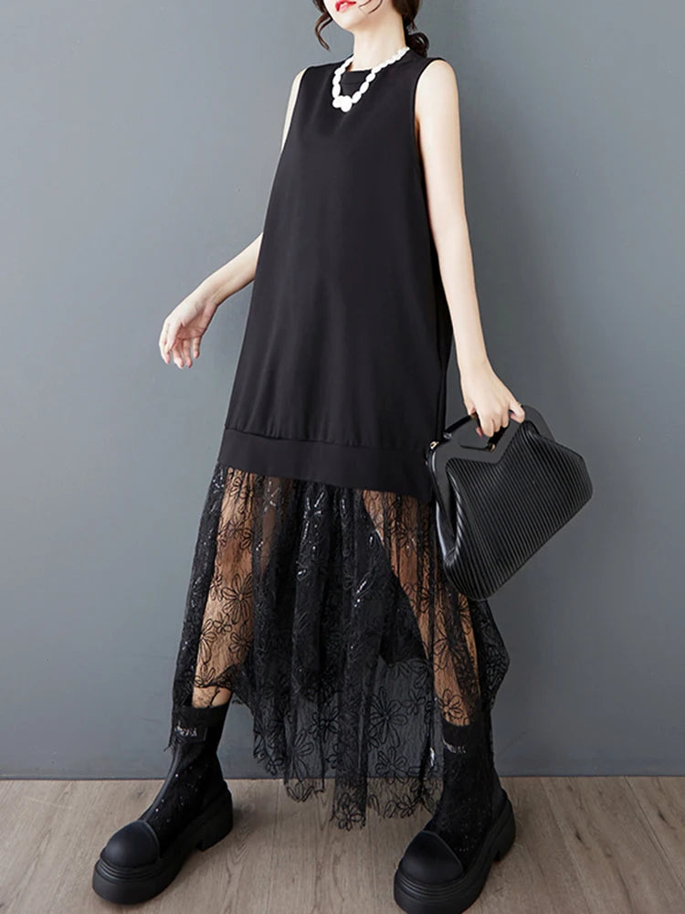 XITAO Patchwork Lace Sleeveless Dress Casual A-line Loose Fitting Fashion New Simple Personality Summer Women Dress HQQ2476